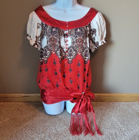 Bebe Silk Dressy Fringed Short Sleeved Blouse Size XS - Picture 1 of 12